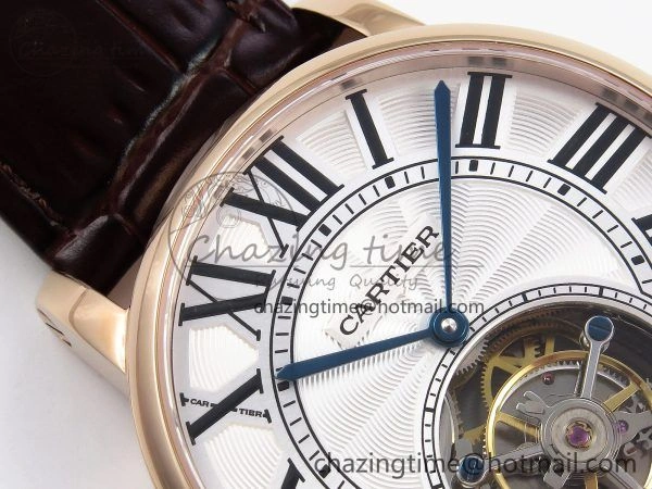 Vibrant Rotonde de Cartier Flying Tourbillon RG RMS Best Edition White Roman Dial on Brown Leather Strap 5985