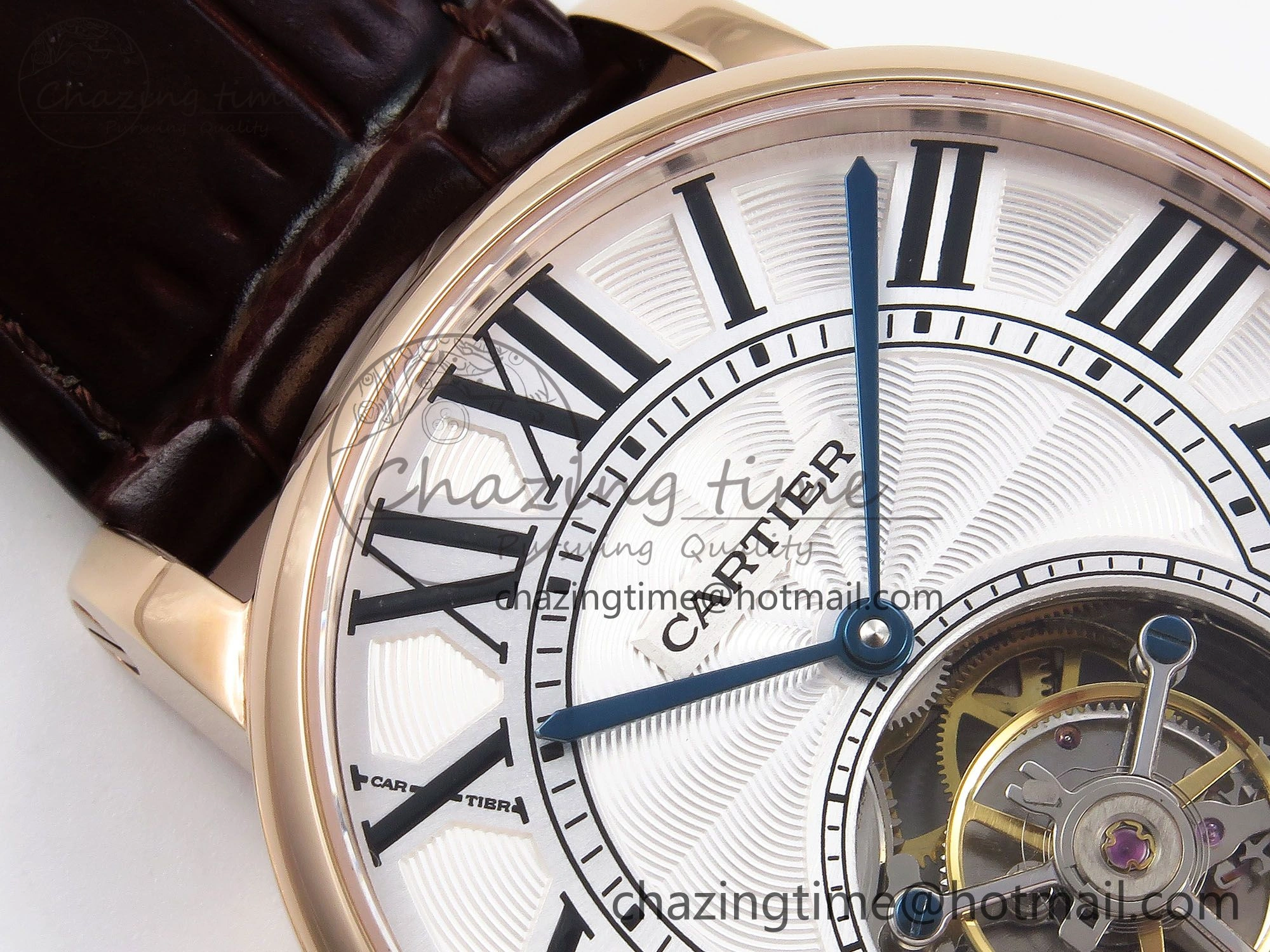 Vibrant Rotonde de Cartier Flying Tourbillon RG RMS Best Edition White Roman Dial on Brown Leather Strap 5985