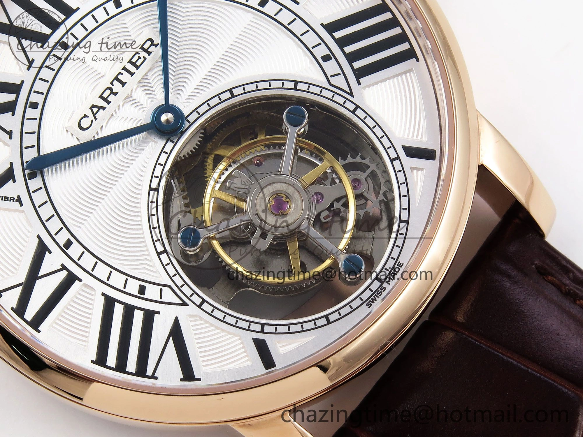 Vibrant Rotonde de Cartier Flying Tourbillon RG RMS Best Edition White Roman Dial on Brown Leather Strap 5985