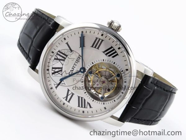 Rotonde de Cartier Flying Tourbillon SS RMS Best Edition Silver Dial on Black Leather Strap Reliable 5982