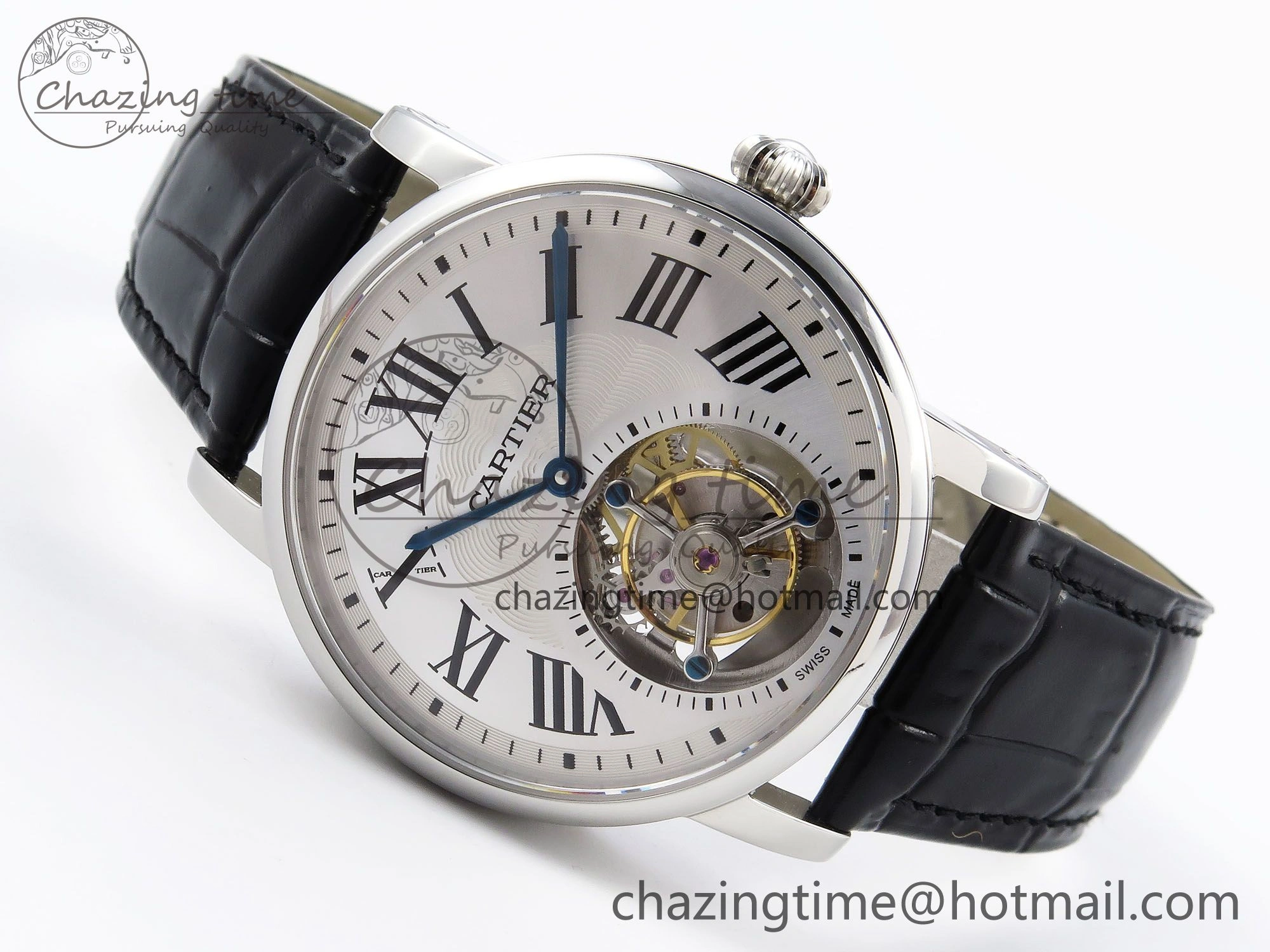 Rotonde de Cartier Flying Tourbillon SS RMS Best Edition Silver Dial on Black Leather Strap Reliable 5982