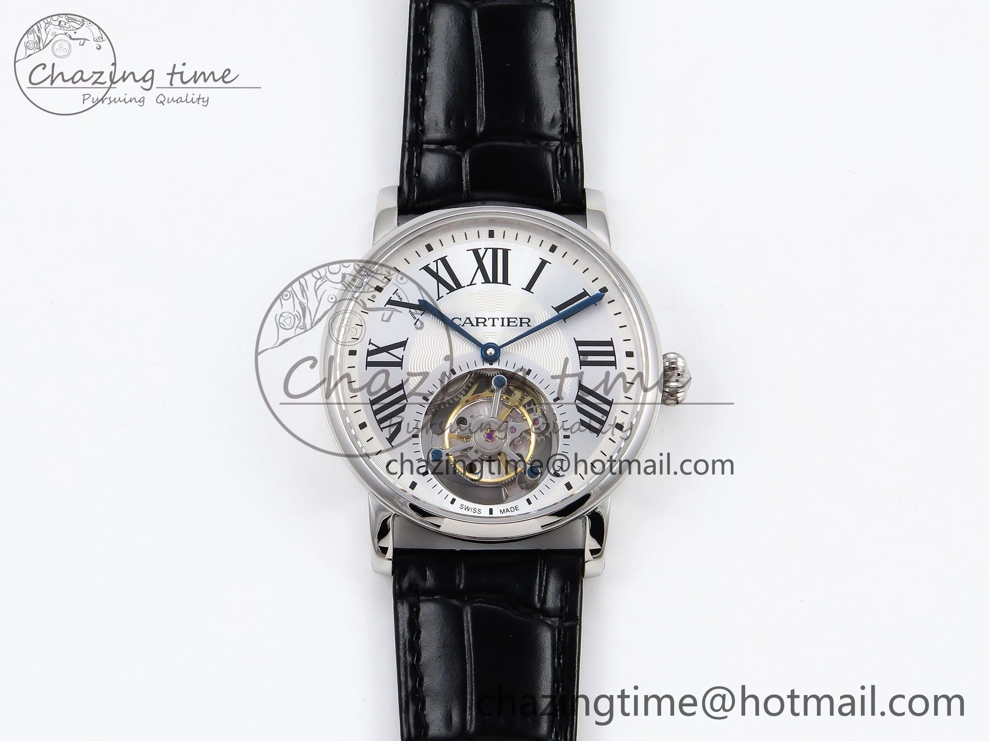 Rotonde de Cartier Flying Tourbillon SS RMS Best Edition Silver Dial on Black Leather Strap Reliable 5982