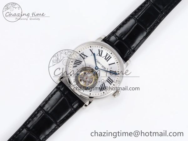 Rotonde de Cartier Flying Tourbillon SS RMS Best Edition Silver Dial on Black Leather Strap Reliable 5982