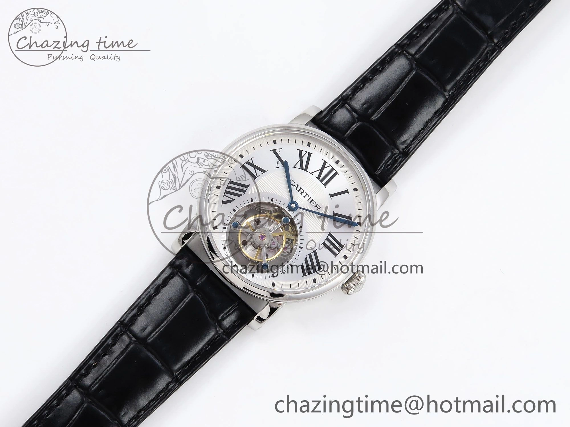 Rotonde de Cartier Flying Tourbillon SS RMS Best Edition Silver Dial on Black Leather Strap Reliable 5982