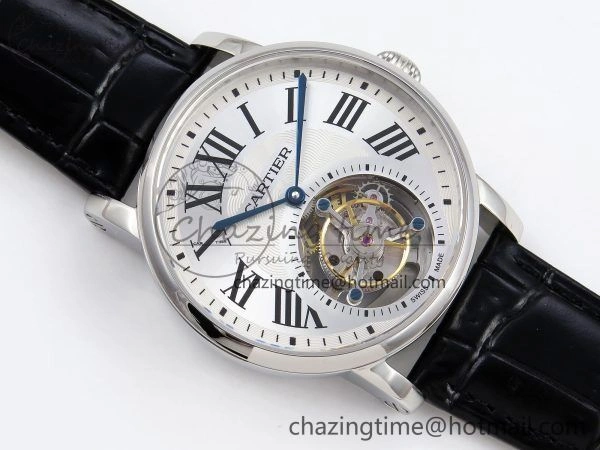 Rotonde de Cartier Flying Tourbillon SS RMS Best Edition Silver Dial on Black Leather Strap Reliable 5982