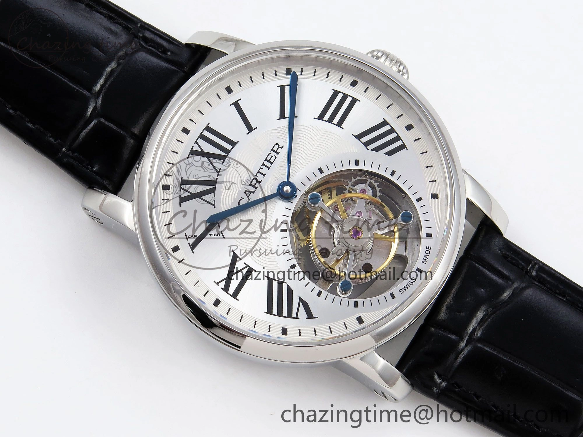 Rotonde de Cartier Flying Tourbillon SS RMS Best Edition Silver Dial on Black Leather Strap Reliable 5982