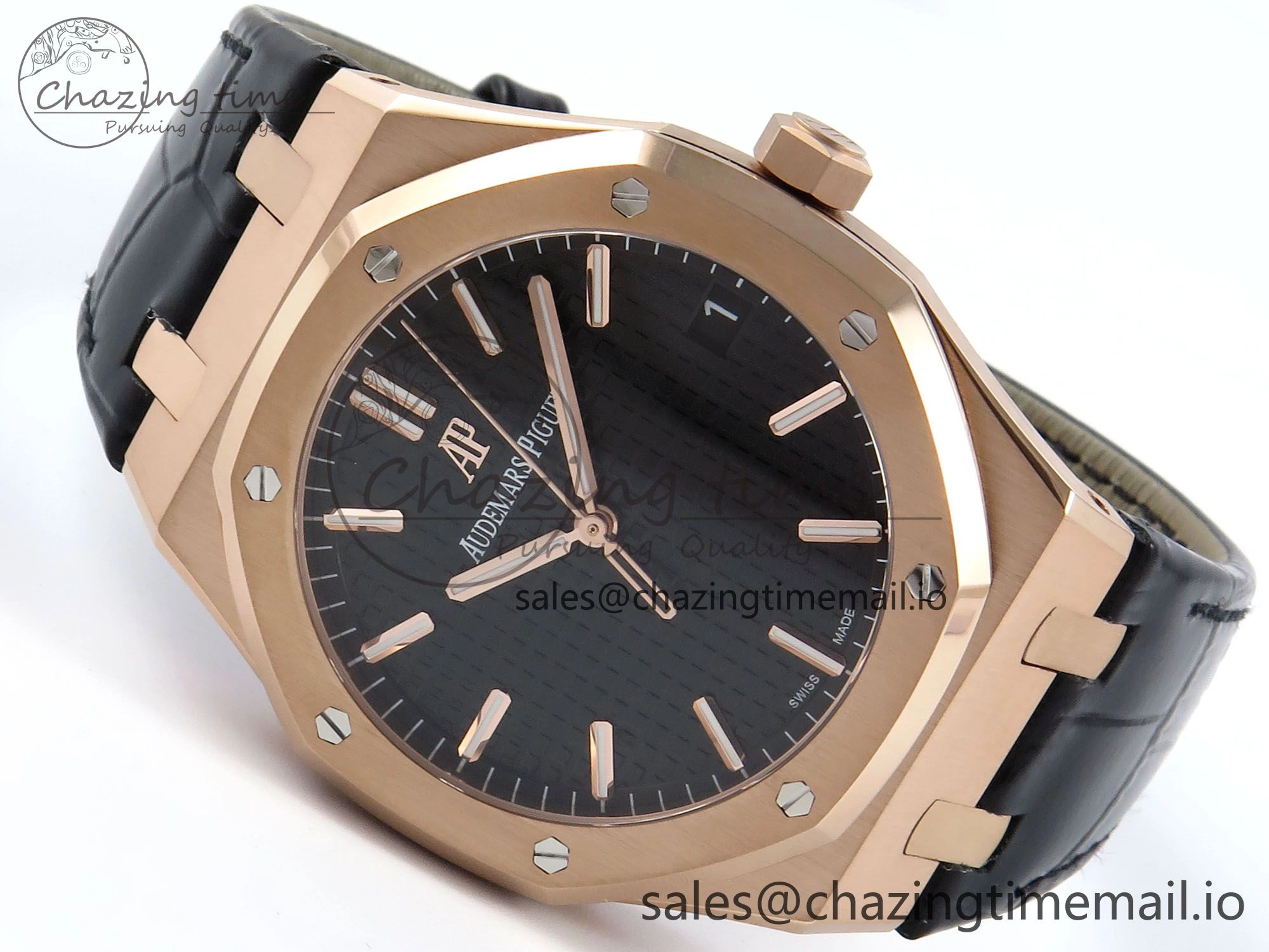 Royal Oak 15500 RG APSF 1:1 Best Edition Black Dial on Black Leather Strap SA4302 Super Clone V2 (SW Dial) Packable 4282