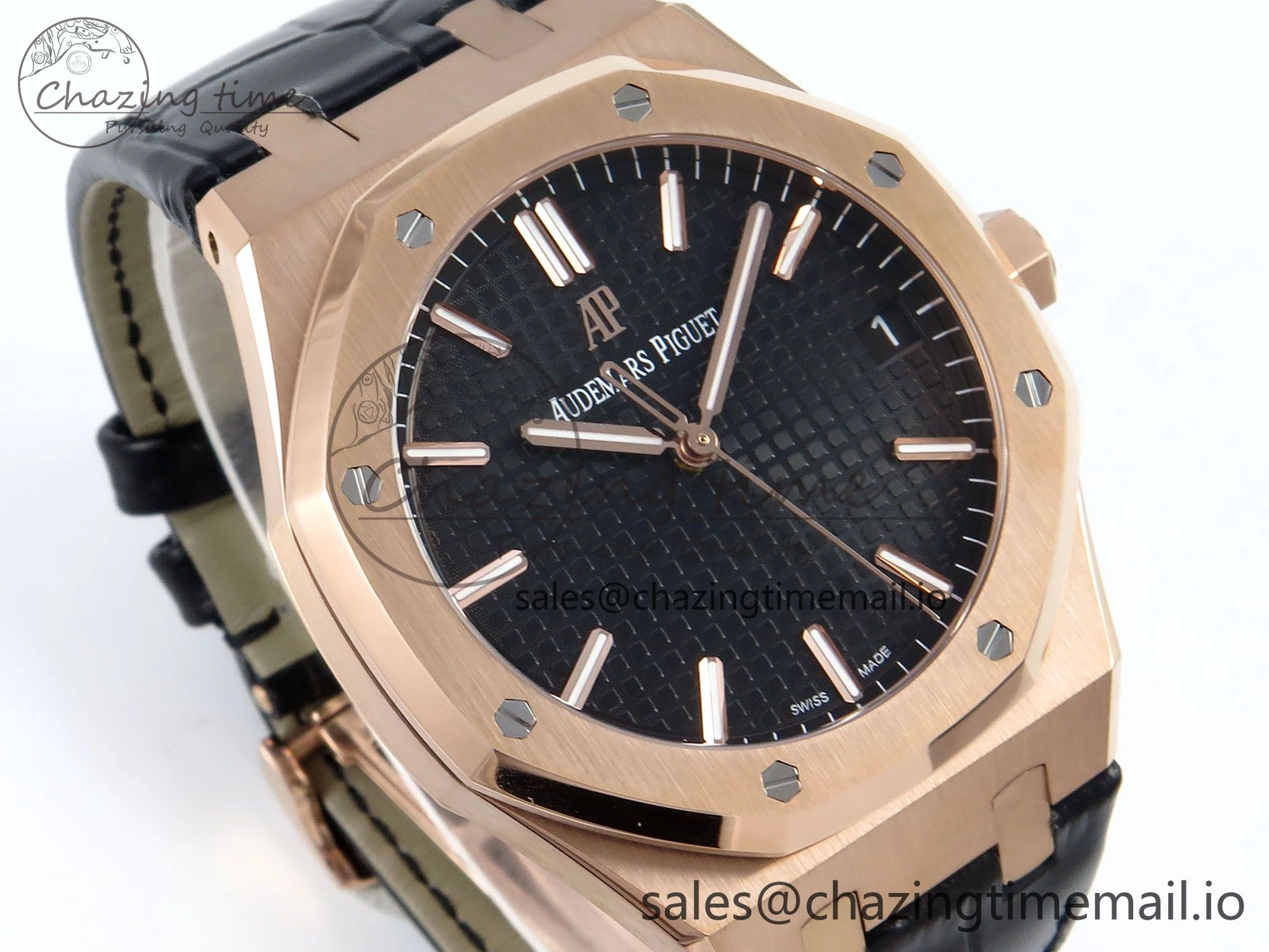 Royal Oak 15500 RG APSF 1:1 Best Edition Black Dial on Black Leather Strap SA4302 Super Clone V2 (SW Dial) Packable 4282