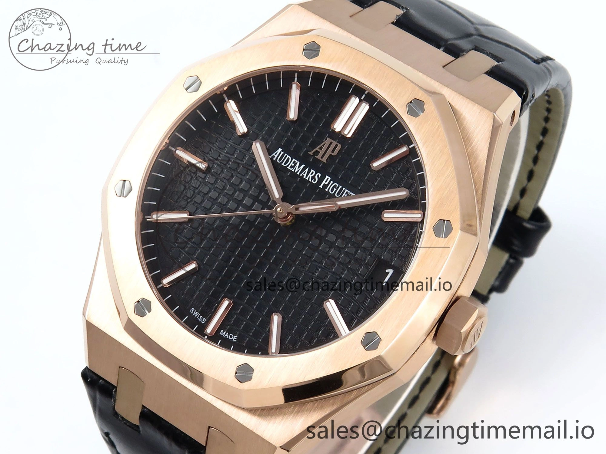 Royal Oak 15500 RG APSF 1:1 Best Edition Black Dial on Black Leather Strap SA4302 Super Clone V2 (SW Dial) Packable 4282