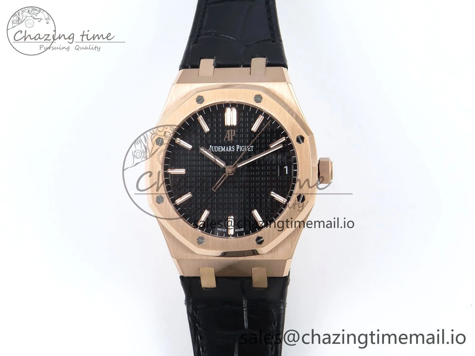 Royal Oak 15500 RG APSF 1:1 Best Edition Black Dial on Black Leather Strap SA4302 Super Clone V2 (SW Dial) Packable 4282