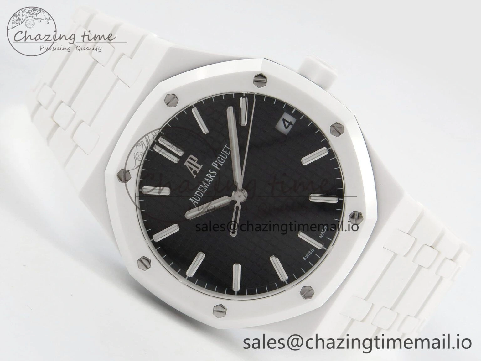 QuickDry Royal Oak 15500 White Ceramic APSF 1:1 Best Edition Black Dial On White Bracelet SA4302 Super Clone 4226