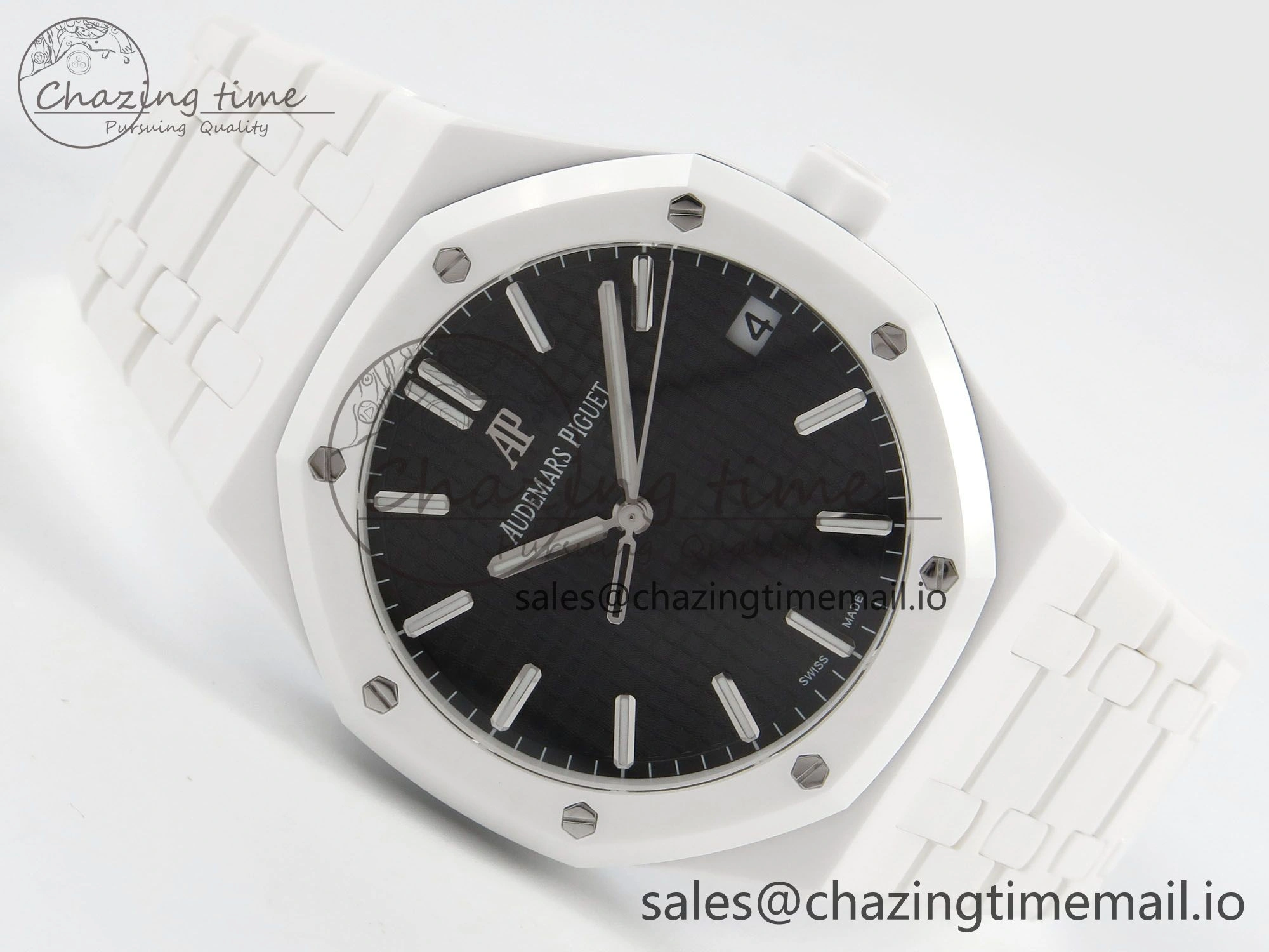 QuickDry Royal Oak 15500 White Ceramic APSF 1:1 Best Edition Black Dial On White Bracelet SA4302 Super Clone 4226