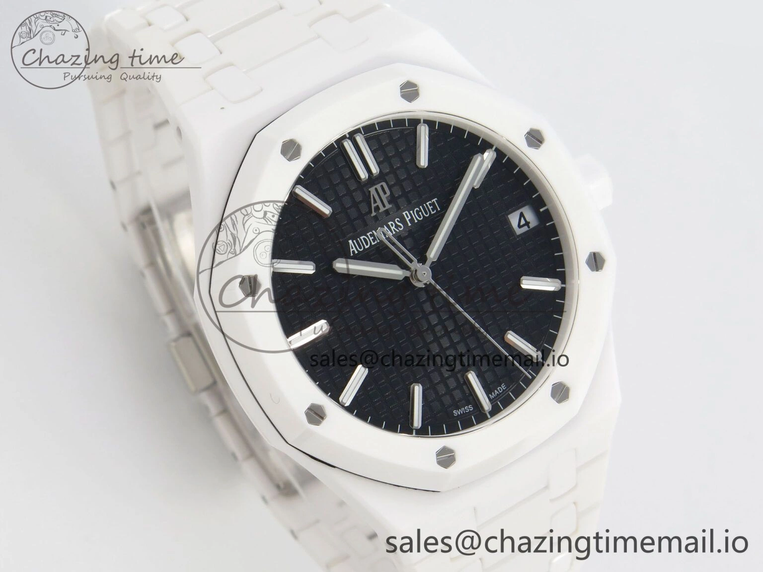 QuickDry Royal Oak 15500 White Ceramic APSF 1:1 Best Edition Black Dial On White Bracelet SA4302 Super Clone 4226