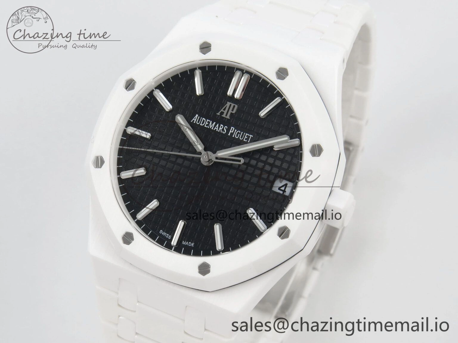 QuickDry Royal Oak 15500 White Ceramic APSF 1:1 Best Edition Black Dial On White Bracelet SA4302 Super Clone 4226