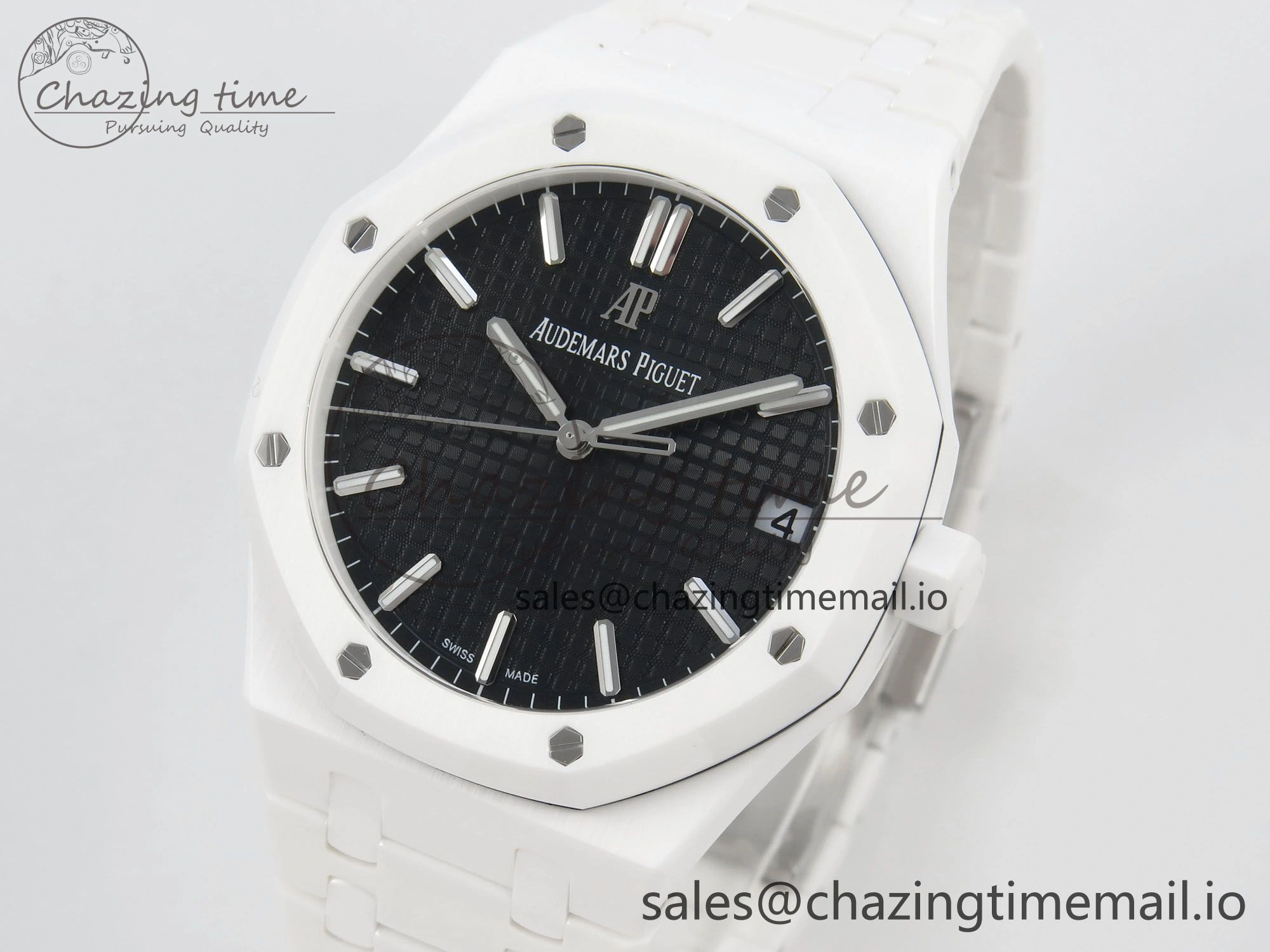 QuickDry Royal Oak 15500 White Ceramic APSF 1:1 Best Edition Black Dial On White Bracelet SA4302 Super Clone 4226
