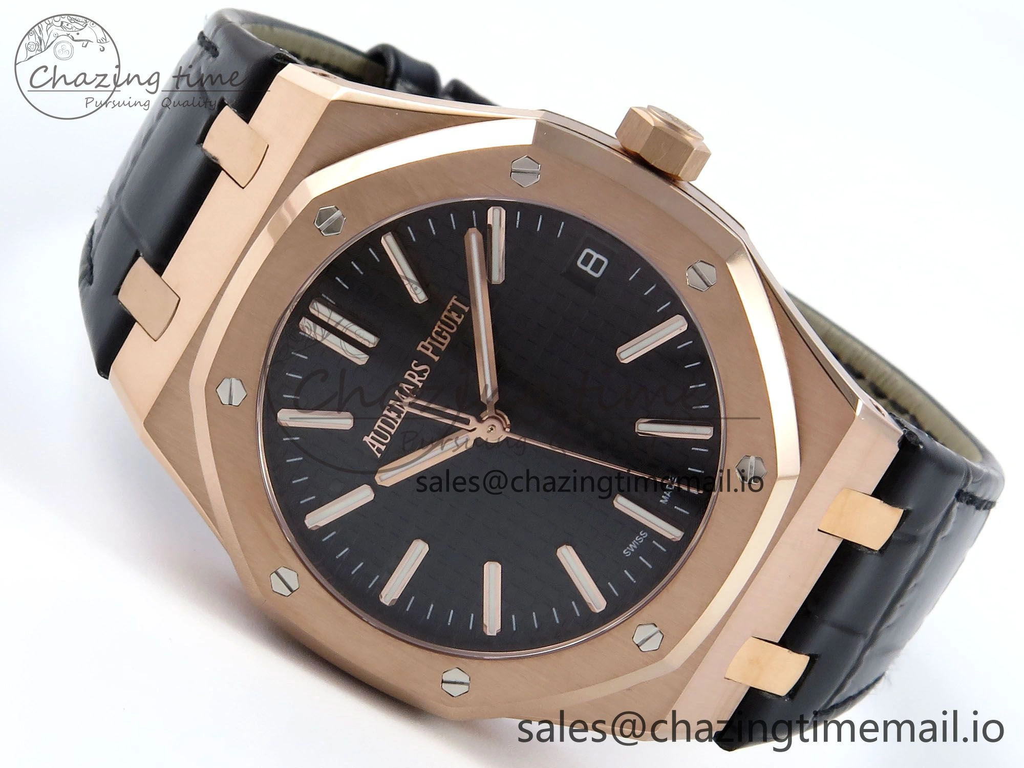 Royal Oak 15510 RG APSF 1:1 Best Edition Black Dial on Black Leather Strap SA4302 Super Clone V2 (SW Dial) GoodFit 4284