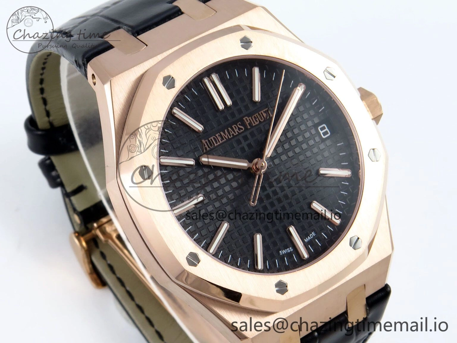 Royal Oak 15510 RG APSF 1:1 Best Edition Black Dial on Black Leather Strap SA4302 Super Clone V2 (SW Dial) GoodFit 4284