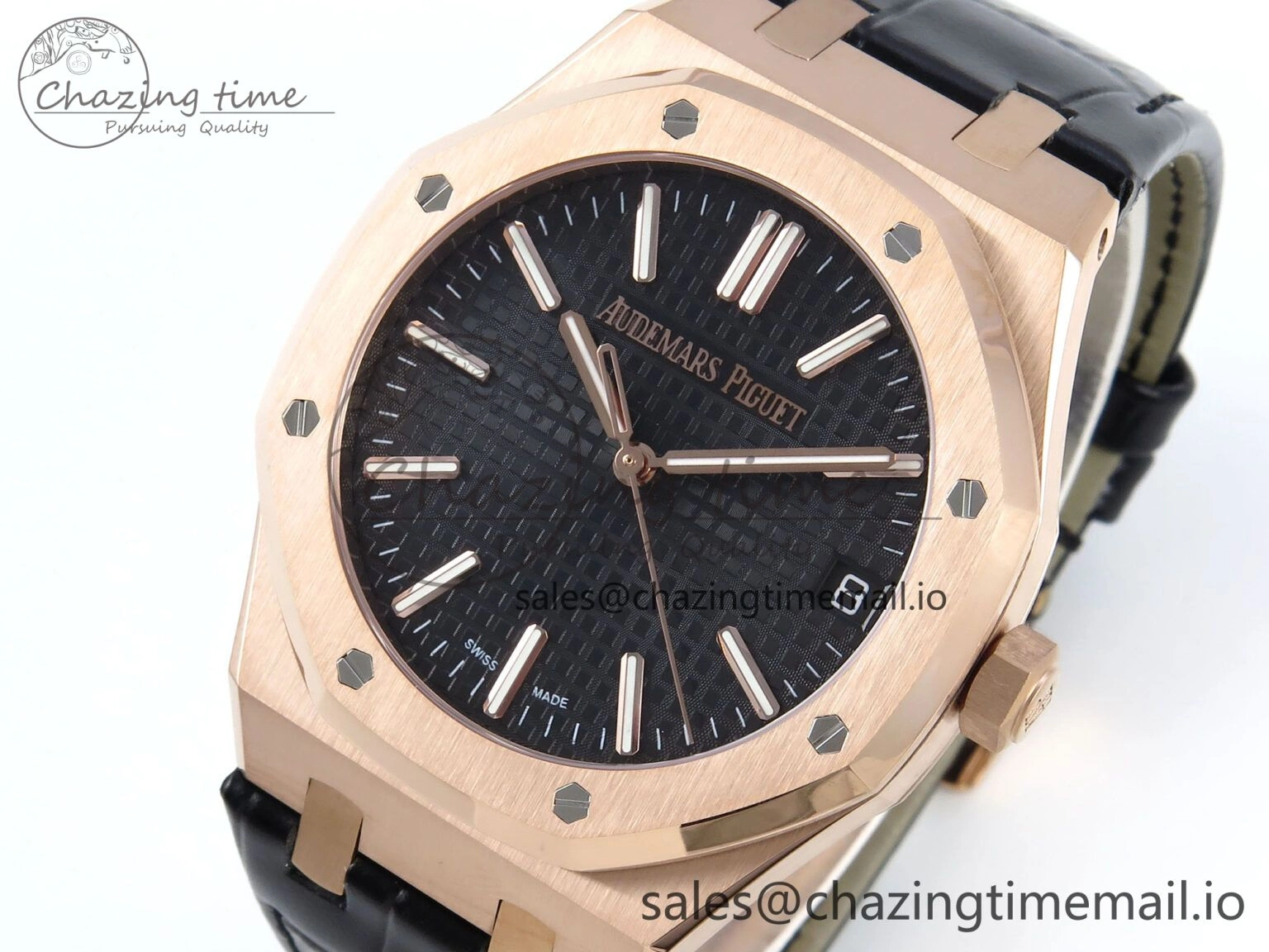 Royal Oak 15510 RG APSF 1:1 Best Edition Black Dial on Black Leather Strap SA4302 Super Clone V2 (SW Dial) GoodFit 4284
