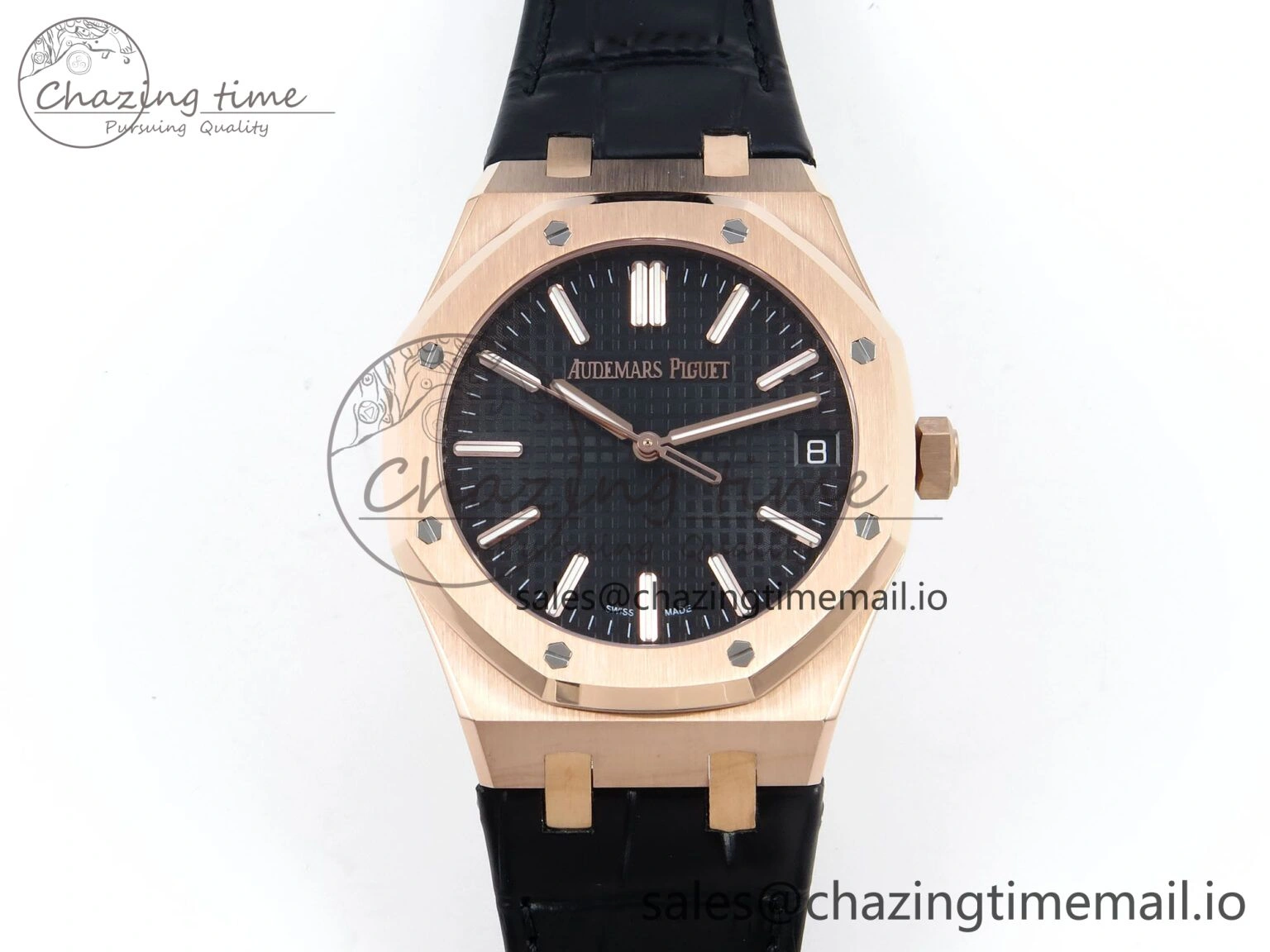Royal Oak 15510 RG APSF 1:1 Best Edition Black Dial on Black Leather Strap SA4302 Super Clone V2 (SW Dial) GoodFit 4284