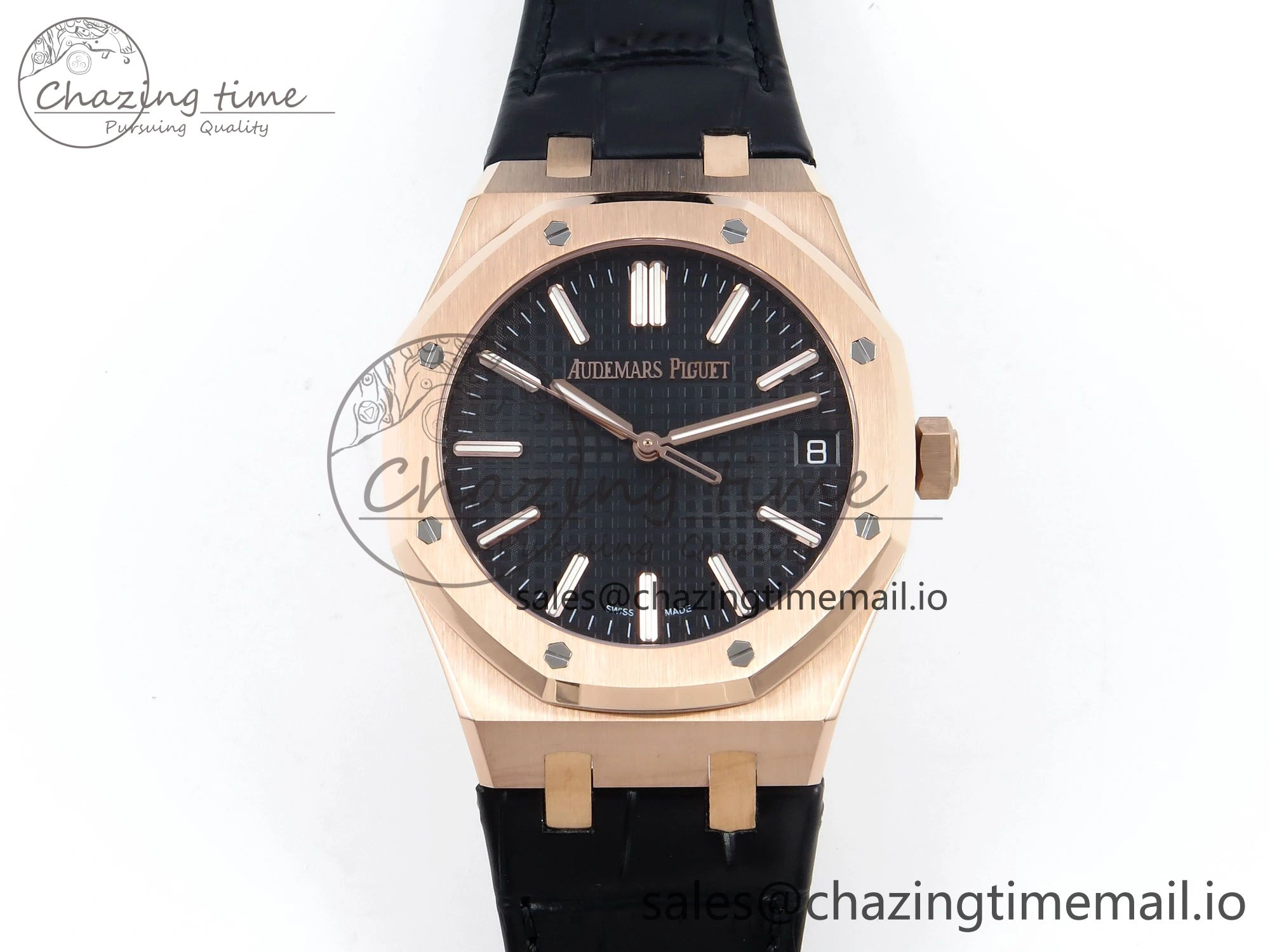 Royal Oak 15510 RG APSF 1:1 Best Edition Black Dial on Black Leather Strap SA4302 Super Clone V2 (SW Dial) GoodFit 4284