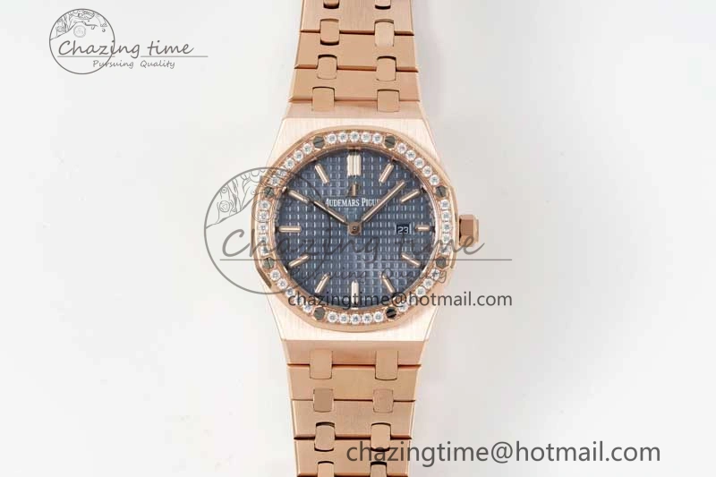 Royal Oak 33mm Ladies RG 8F Best Edition Blue Dial Diamonds Bezel on RG Bracelet Quartz Stylish 4786