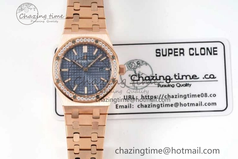 Royal Oak 33mm Ladies RG 8F Best Edition Blue Dial Diamonds Bezel on RG Bracelet Quartz Stylish 4786