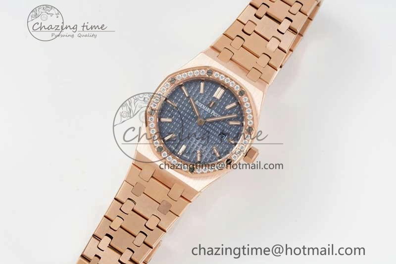 Royal Oak 33mm Ladies RG 8F Best Edition Blue Dial Diamonds Bezel on RG Bracelet Quartz Stylish 4786