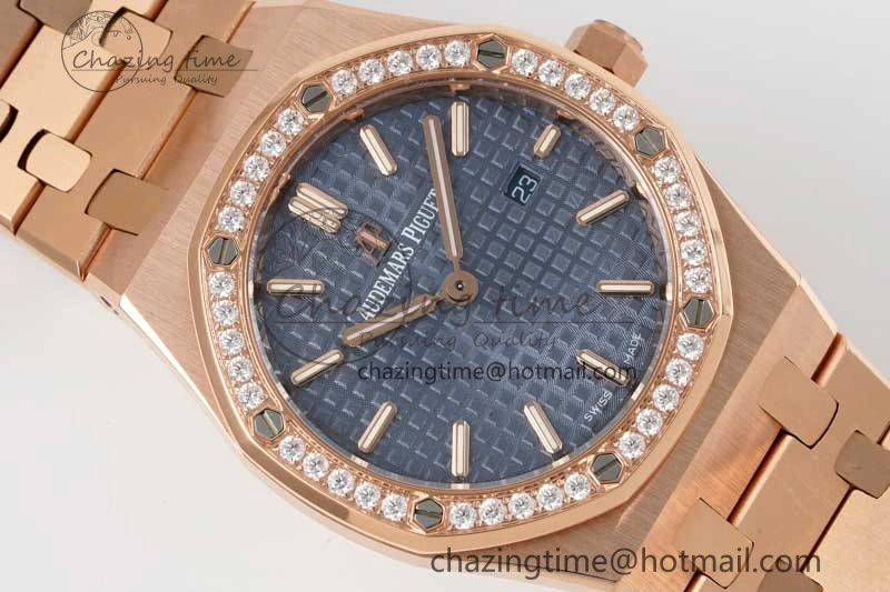 Royal Oak 33mm Ladies RG 8F Best Edition Blue Dial Diamonds Bezel on RG Bracelet Quartz Stylish 4786