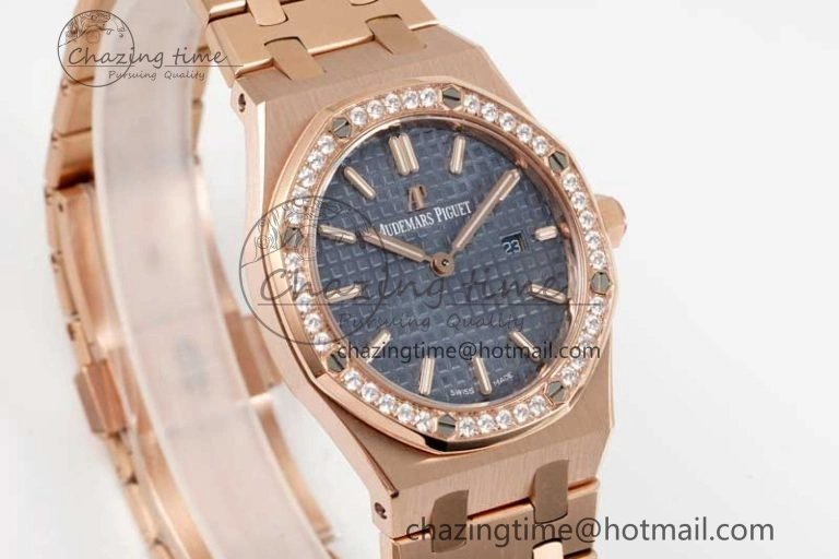 Royal Oak 33mm Ladies RG 8F Best Edition Blue Dial Diamonds Bezel on RG Bracelet Quartz Stylish 4786