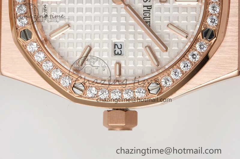 BestValue Royal Oak 33mm Ladies RG 8F Best Edition White Dial Diamonds Bezel on RG Bracelet Quartz 10256