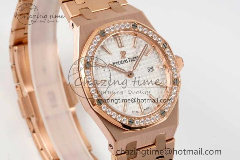 BestValue Royal Oak 33mm Ladies RG 8F Best Edition White Dial Diamonds Bezel on RG Bracelet Quartz 10256