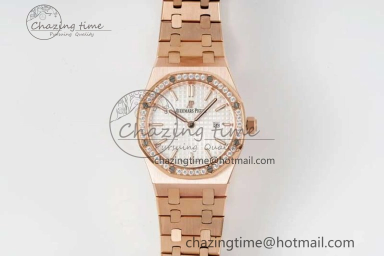 BestValue Royal Oak 33mm Ladies RG 8F Best Edition White Dial Diamonds Bezel on RG Bracelet Quartz 10256