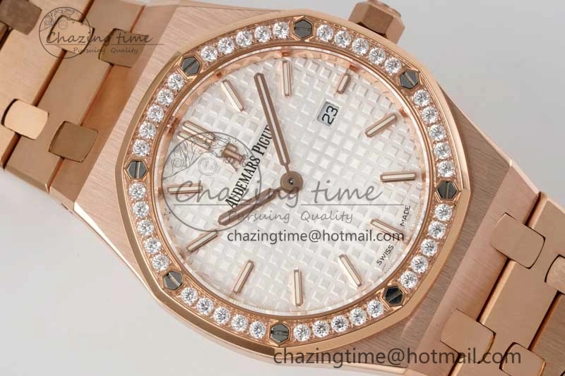 BestValue Royal Oak 33mm Ladies RG 8F Best Edition White Dial Diamonds Bezel on RG Bracelet Quartz 10256