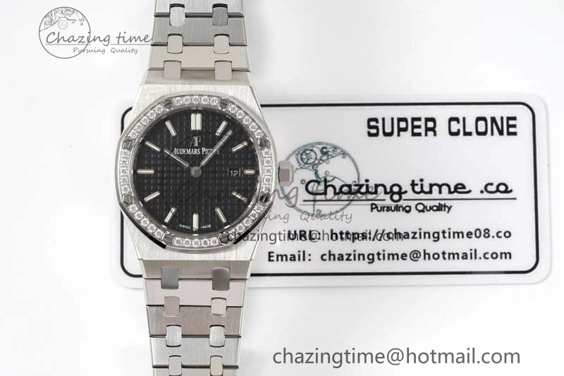 Thermal Royal Oak 33mm Ladies SS 8F Best Edition Black Dial Diamonds Bezel on SS Bracelet Quartz 10251