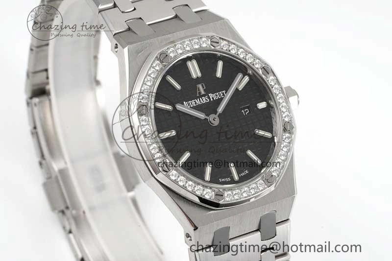 Thermal Royal Oak 33mm Ladies SS 8F Best Edition Black Dial Diamonds Bezel on SS Bracelet Quartz 10251