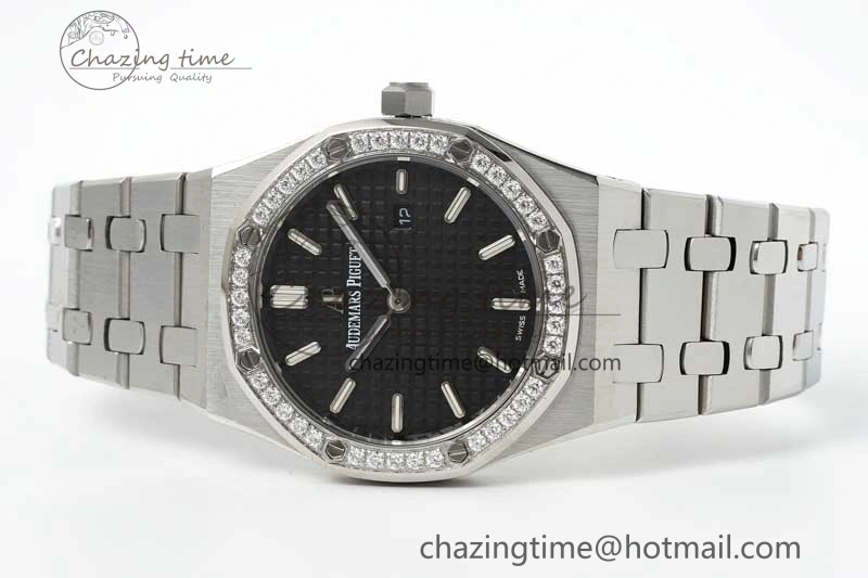Thermal Royal Oak 33mm Ladies SS 8F Best Edition Black Dial Diamonds Bezel on SS Bracelet Quartz 10251
