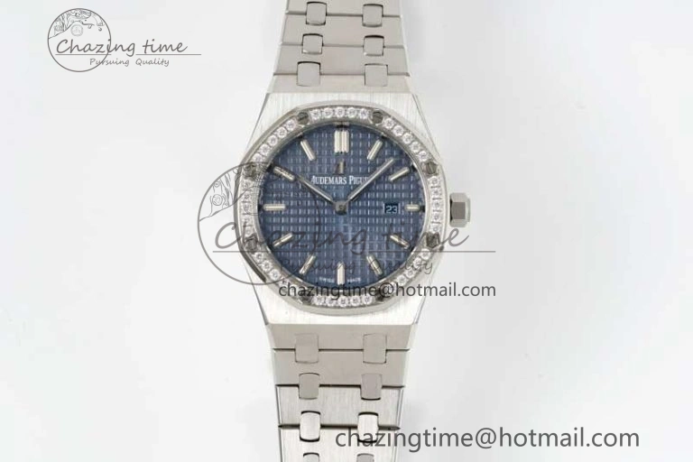 Royal Oak 33mm Ladies SS 8F Best Edition Blue Dial Diamonds Bezel on SS Bracelet Quartz Durable 4782