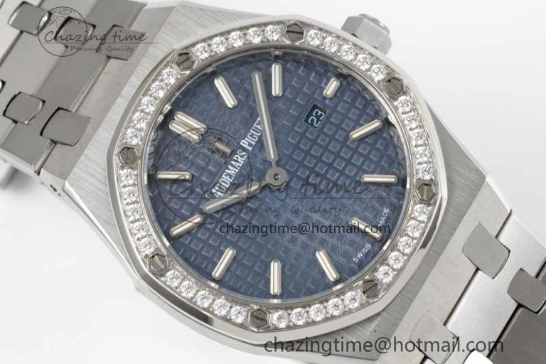 Royal Oak 33mm Ladies SS 8F Best Edition Blue Dial Diamonds Bezel on SS Bracelet Quartz Durable 4782