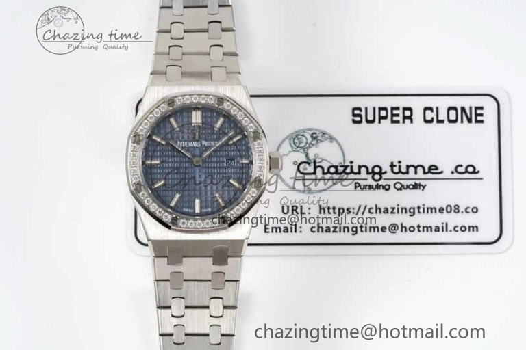 Royal Oak 33mm Ladies SS 8F Best Edition Blue Dial Diamonds Bezel on SS Bracelet Quartz Durable 4782