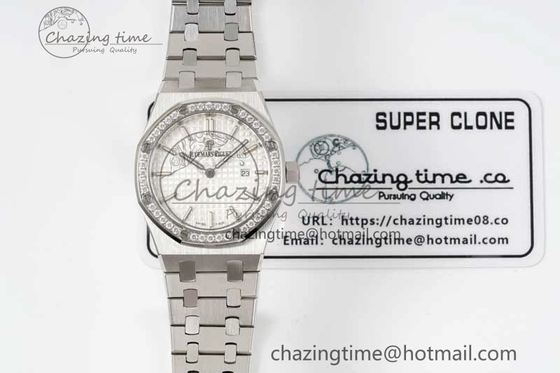 Modern Royal Oak 33mm Ladies SS 8F Best Edition White Dial Diamonds Bezel on SS Bracelet Quartz 4784