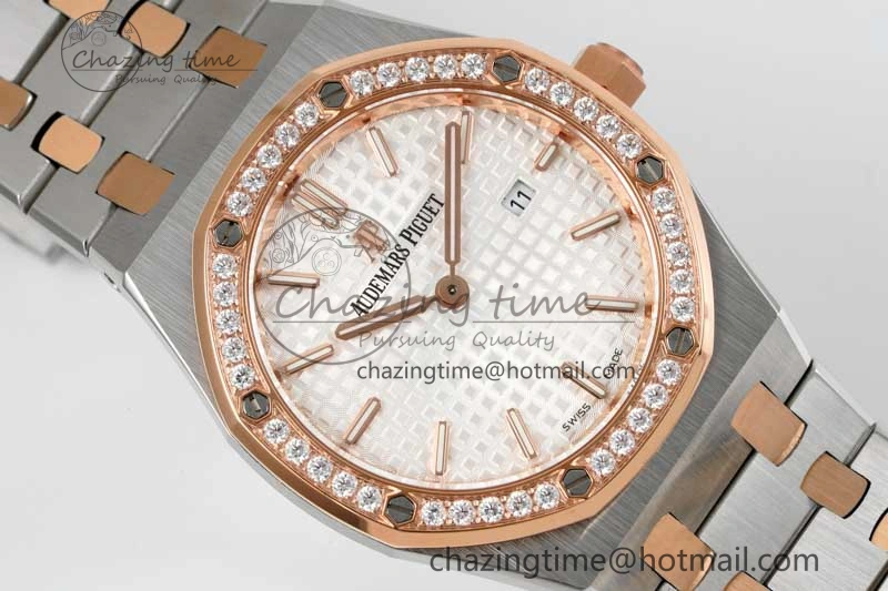 OdorResistant Royal Oak 33mm Ladies SS RG 8F Best Edition White Dial Diamonds Bezel on SS RG Bracelet Quartz 4781