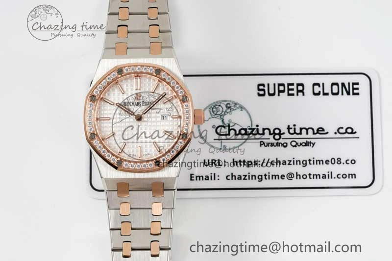 OdorResistant Royal Oak 33mm Ladies SS RG 8F Best Edition White Dial Diamonds Bezel on SS RG Bracelet Quartz 4781