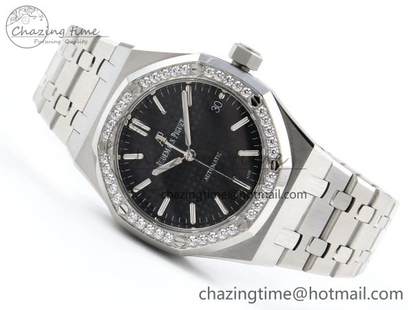 Breathable Royal Oak 37mm 15450 Diamond SS APSF 1:1 Best Edition Black Textured Dial on SS Bracelet SA3120 Super Clone 4432