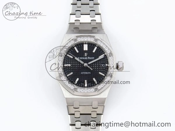 Breathable Royal Oak 37mm 15450 Diamond SS APSF 1:1 Best Edition Black Textured Dial on SS Bracelet SA3120 Super Clone 4432