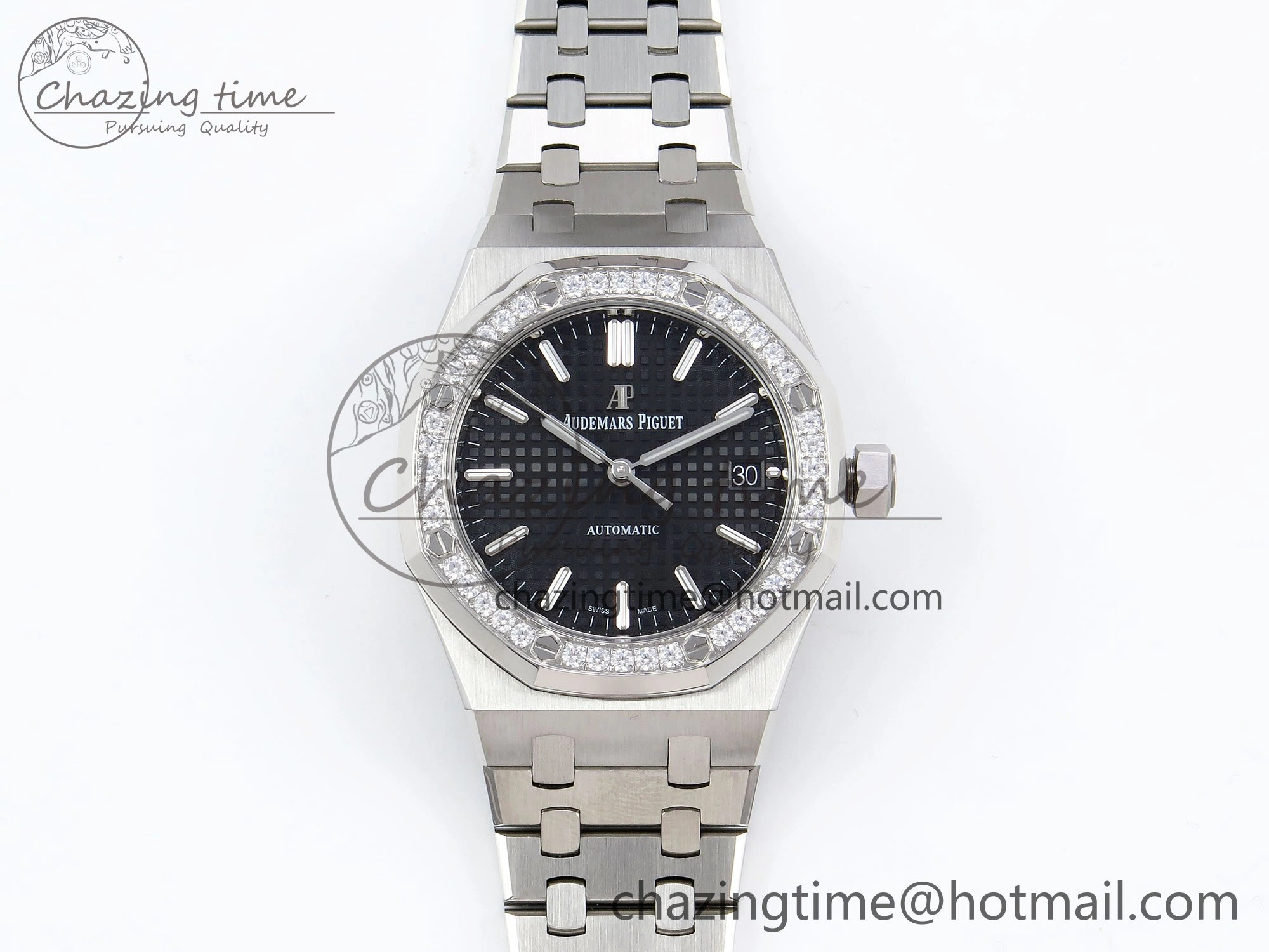 Breathable Royal Oak 37mm 15450 Diamond SS APSF 1:1 Best Edition Black Textured Dial on SS Bracelet SA3120 Super Clone 4432