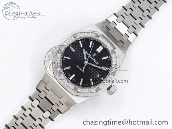 Breathable Royal Oak 37mm 15450 Diamond SS APSF 1:1 Best Edition Black Textured Dial on SS Bracelet SA3120 Super Clone 4432