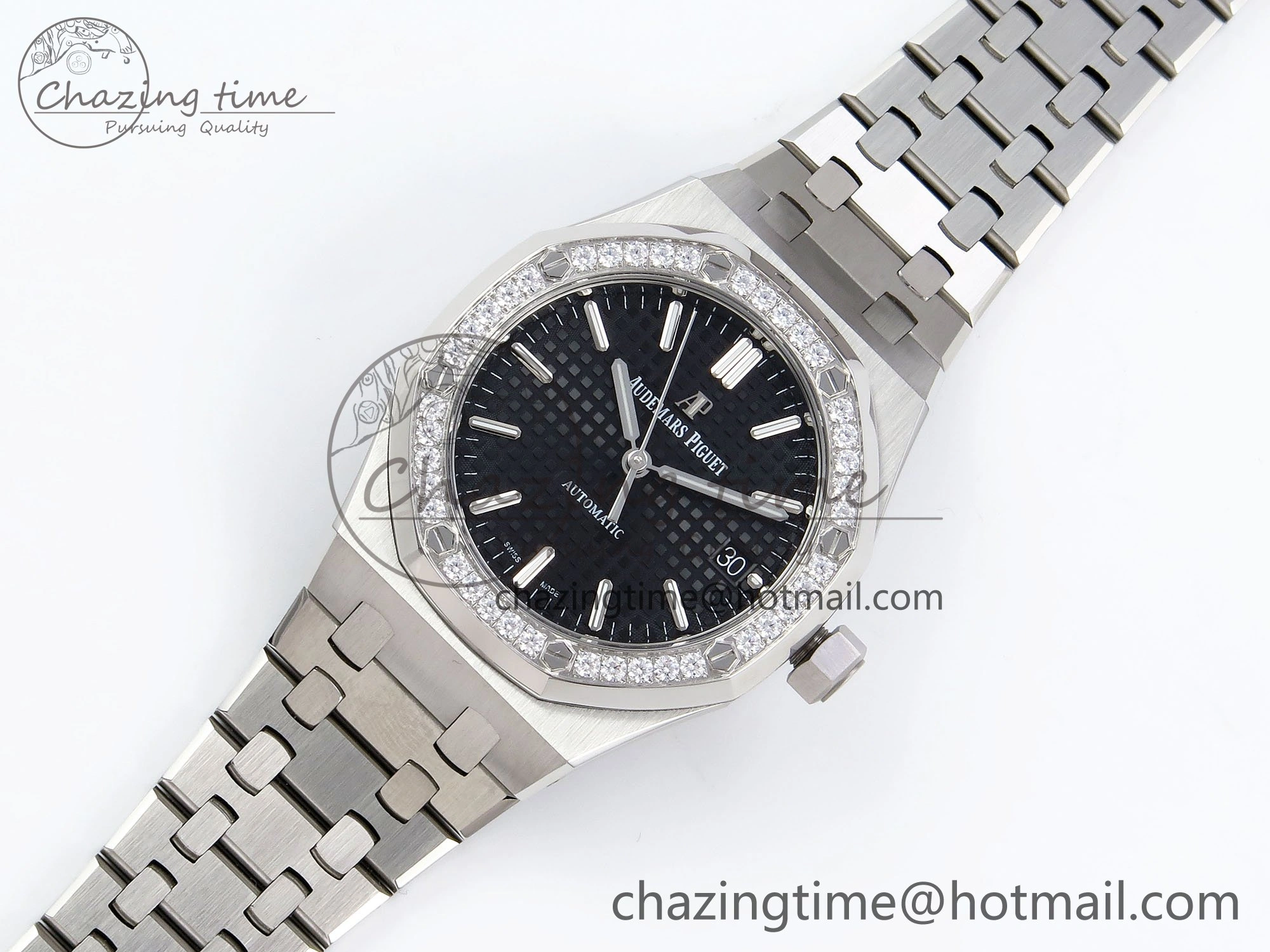 Breathable Royal Oak 37mm 15450 Diamond SS APSF 1:1 Best Edition Black Textured Dial on SS Bracelet SA3120 Super Clone 4432