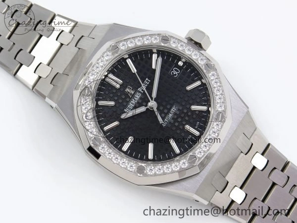 Breathable Royal Oak 37mm 15450 Diamond SS APSF 1:1 Best Edition Black Textured Dial on SS Bracelet SA3120 Super Clone 4432