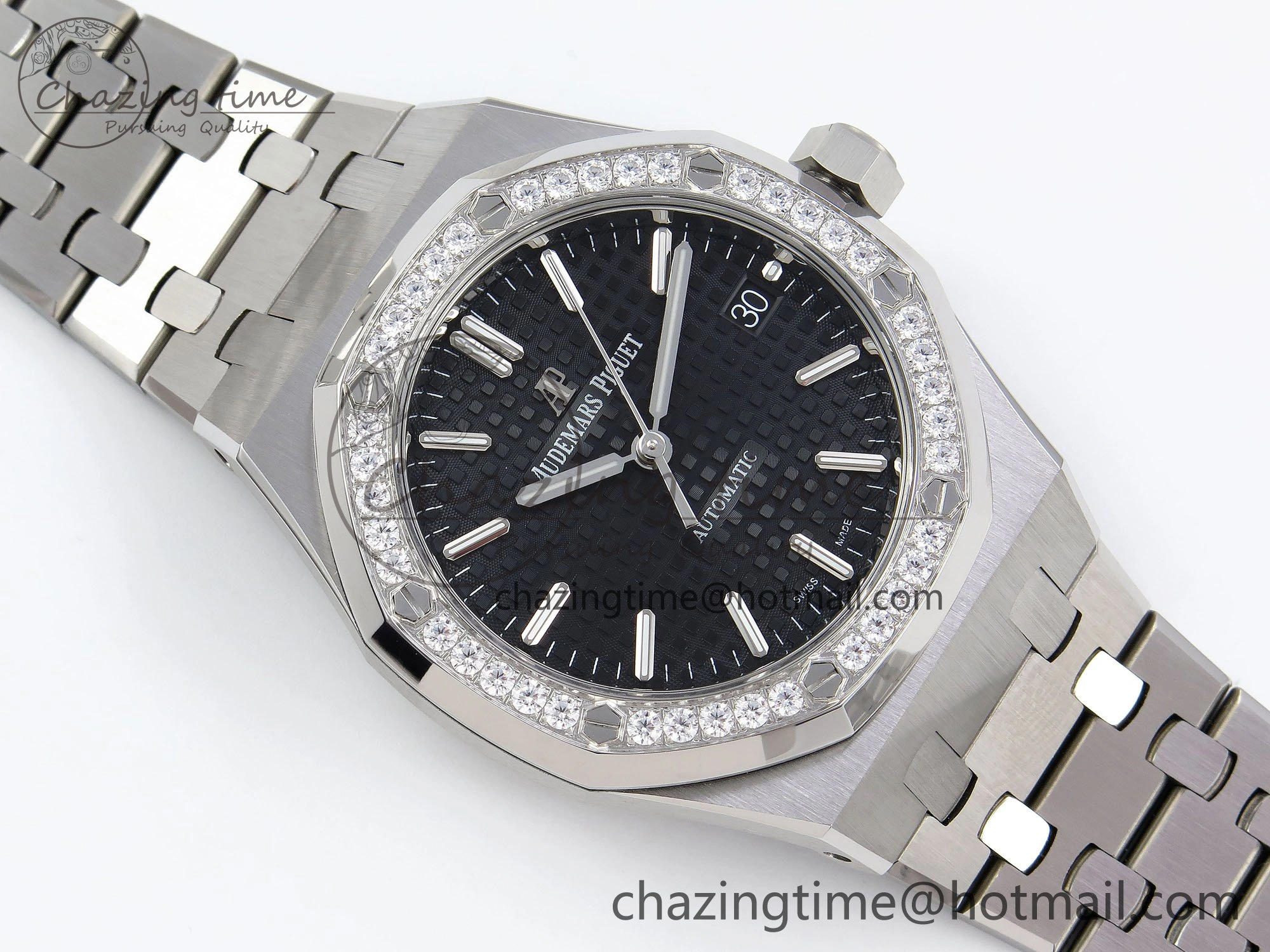Breathable Royal Oak 37mm 15450 Diamond SS APSF 1:1 Best Edition Black Textured Dial on SS Bracelet SA3120 Super Clone 4432