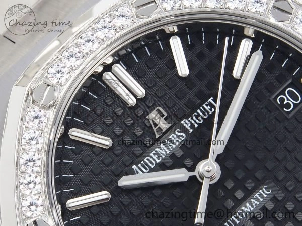 Breathable Royal Oak 37mm 15450 Diamond SS APSF 1:1 Best Edition Black Textured Dial on SS Bracelet SA3120 Super Clone 4432